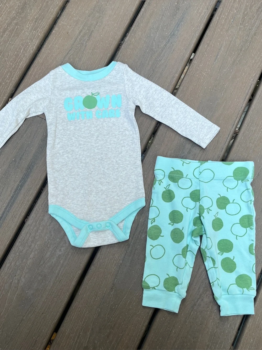 Okie Dokie Baby Aqua Gray Apples Long Sleeve Bodysuit Pants Set 3M
